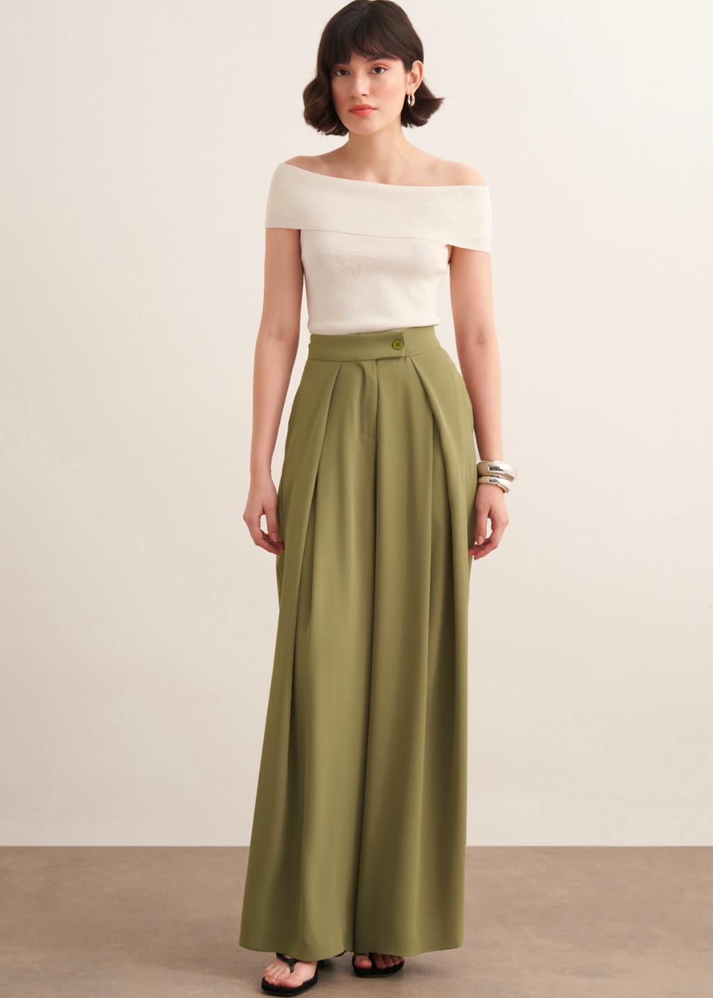 Lena Ruffled Wide Leg Trousers Olive