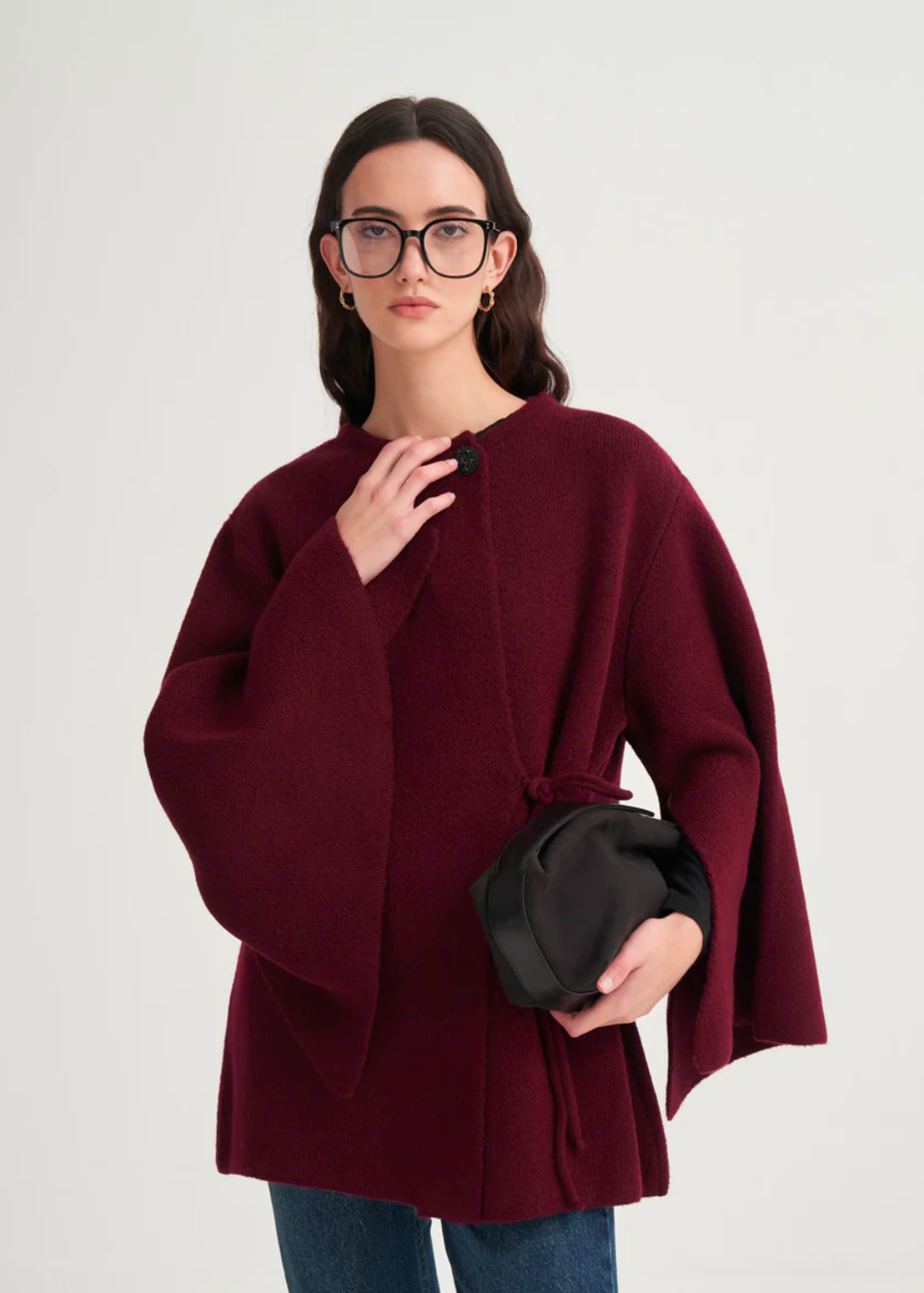 Knit Cardigan with Lace-Up Detail Burgundy