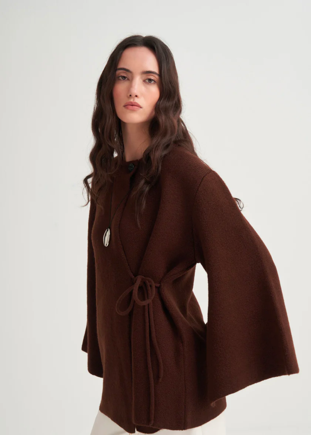 Knit Cardigan with Lace-Up Detail Brown