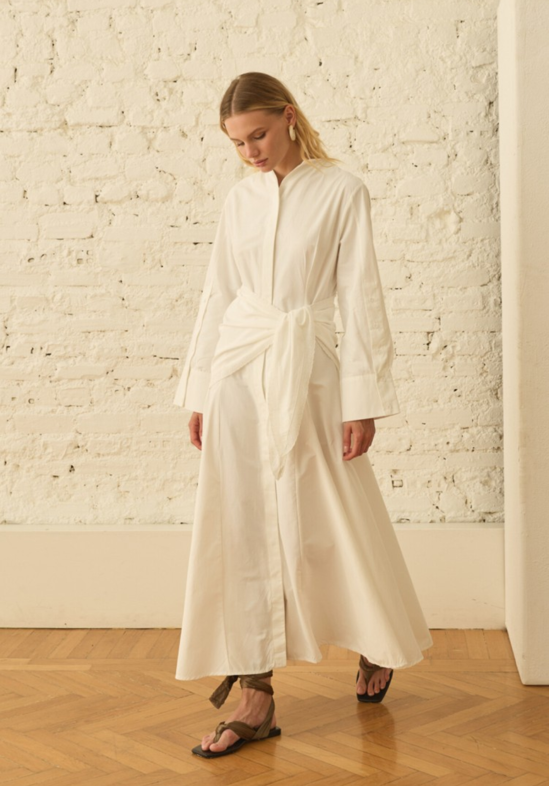 Ecru Dress with Detachable Scarf Accessory