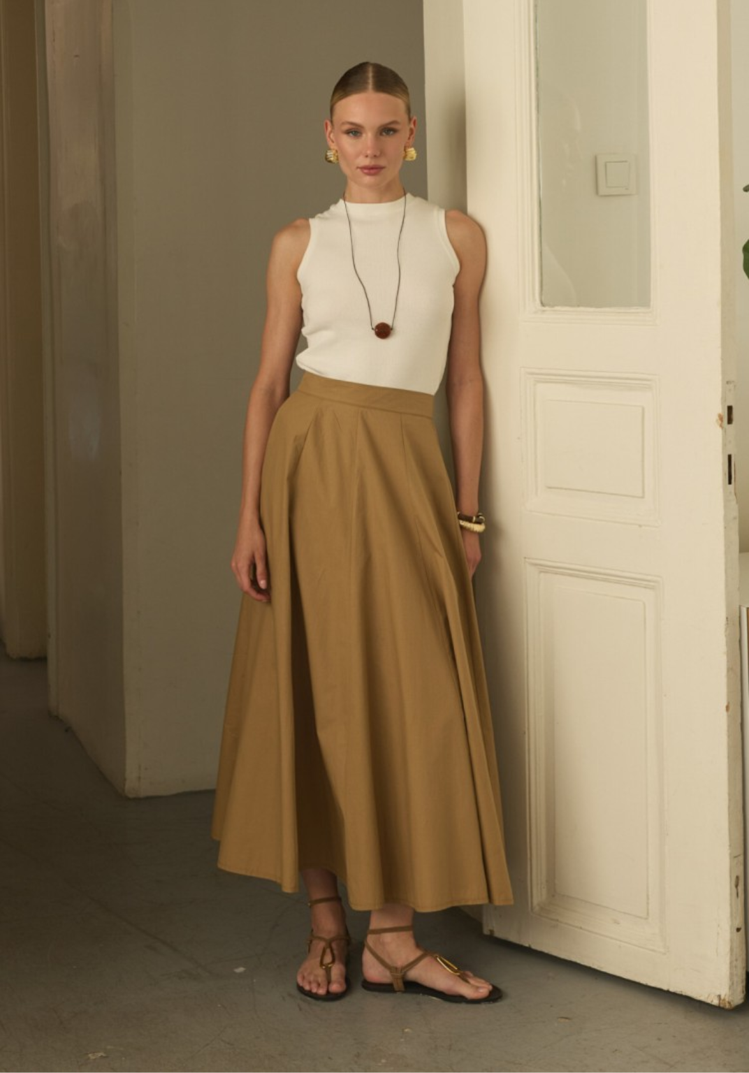 Camel Panelled Poplin Skirt