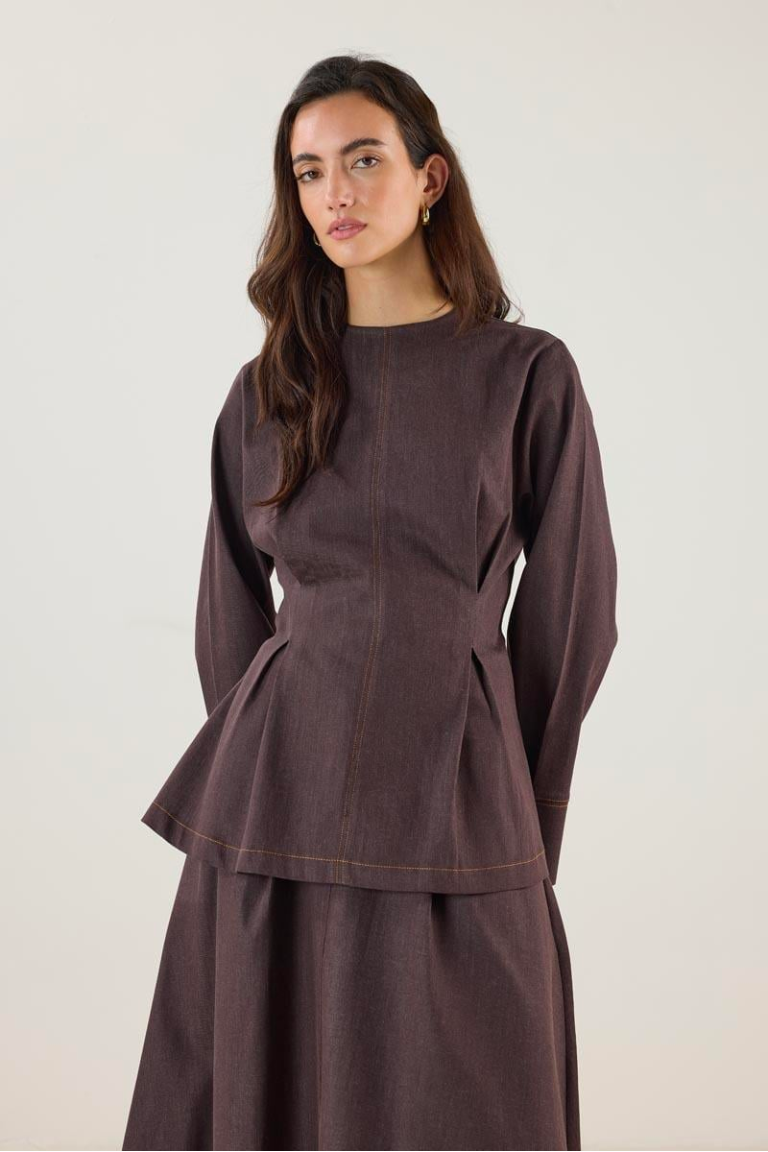 Crew Neck Pleated Denim Blouse – Brown