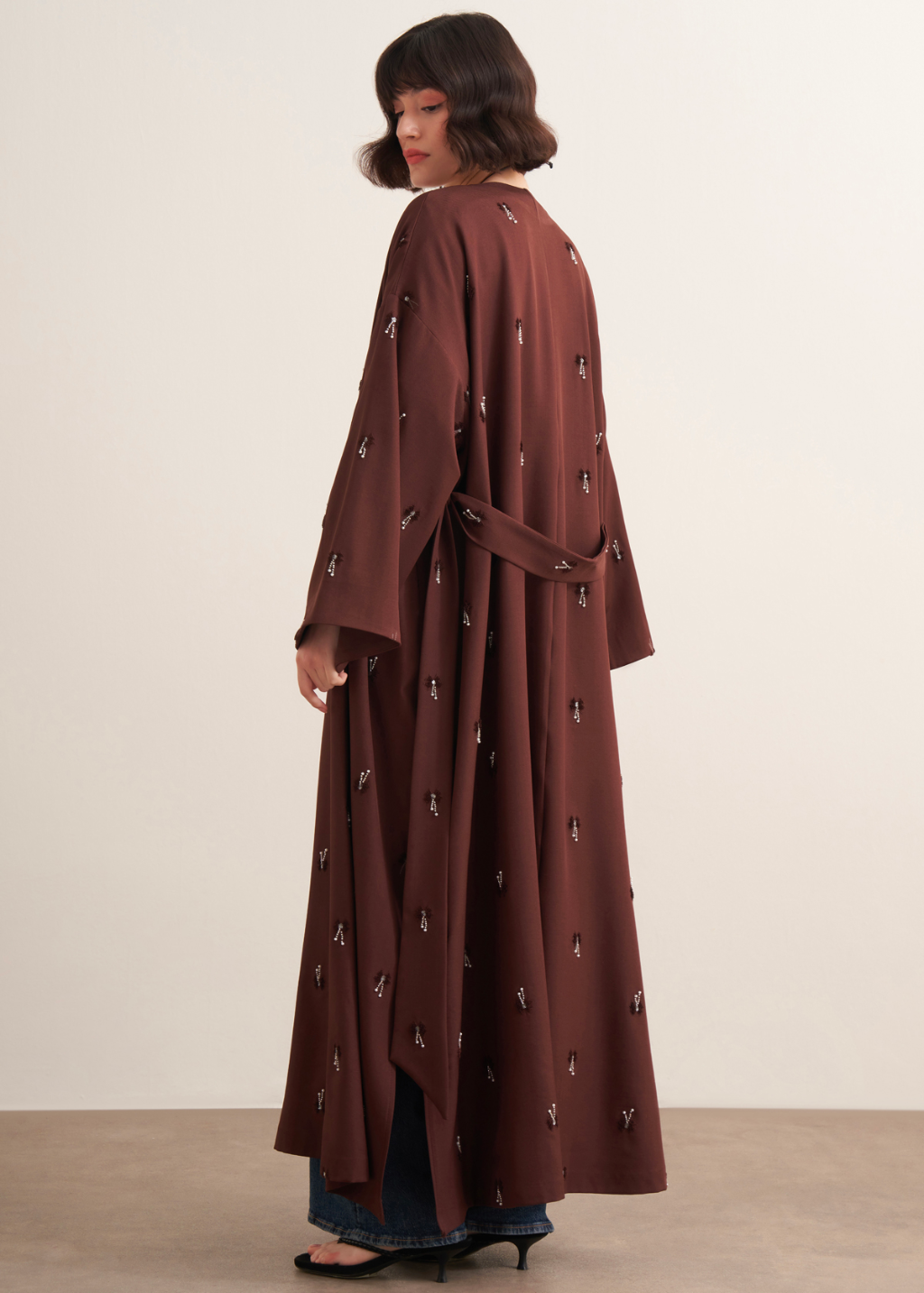 Beaded Maxi Kimono Abaya Brown
