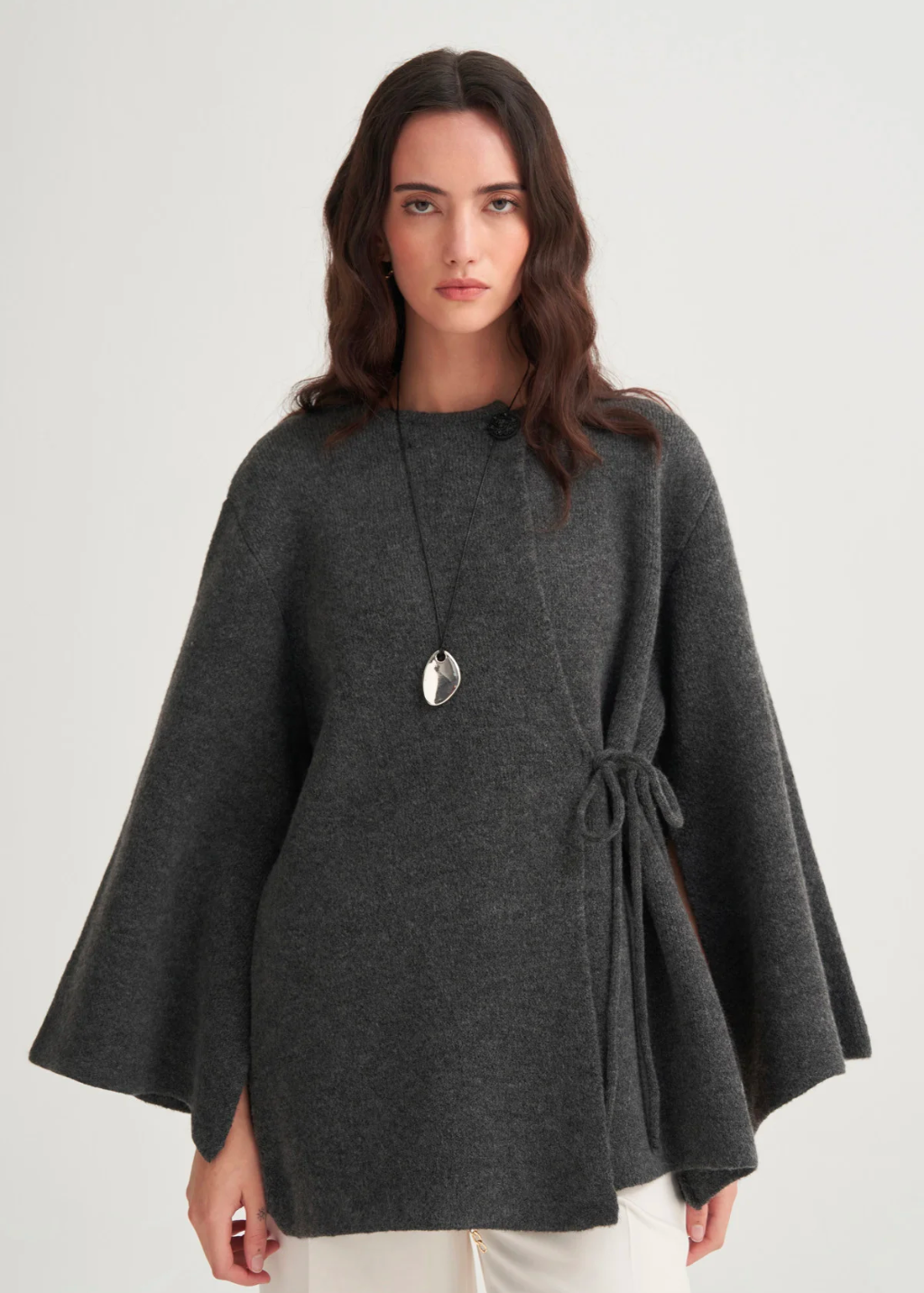 Knit Cardigan with Lace-Up Detail Anthracite