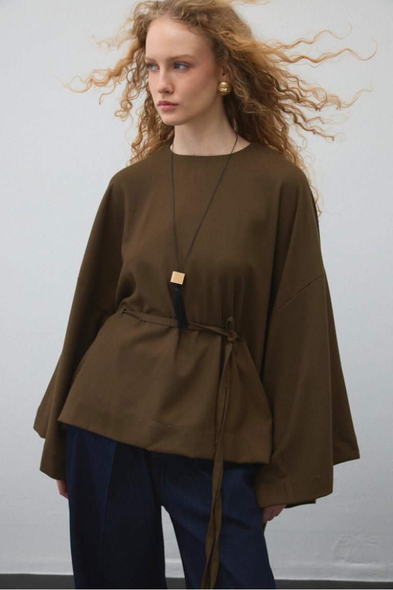 Khaki Belted Cape Blouse
