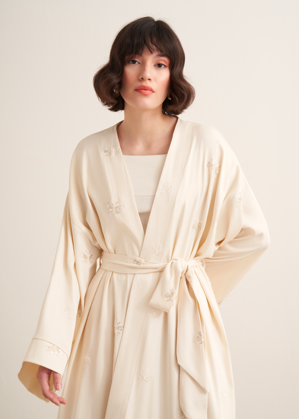 Beaded Maxi Kimono Abaya Ecru