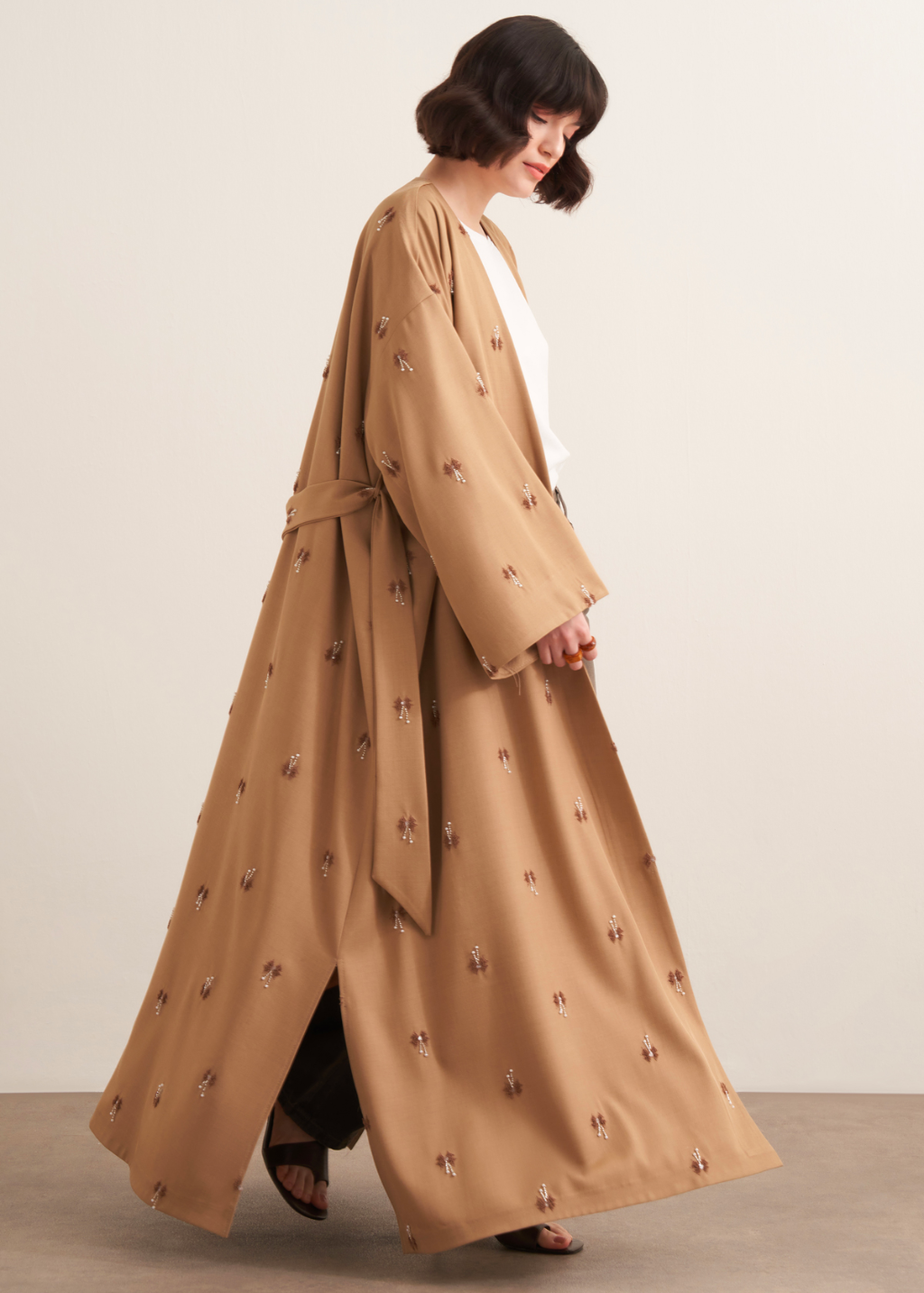 Beaded Maxi Kimono Abaya Beige