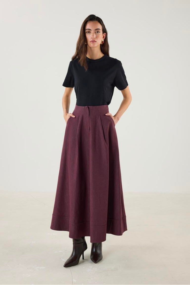 Denim Skirt with Flared Hem and Panel Detailing - Burgundy