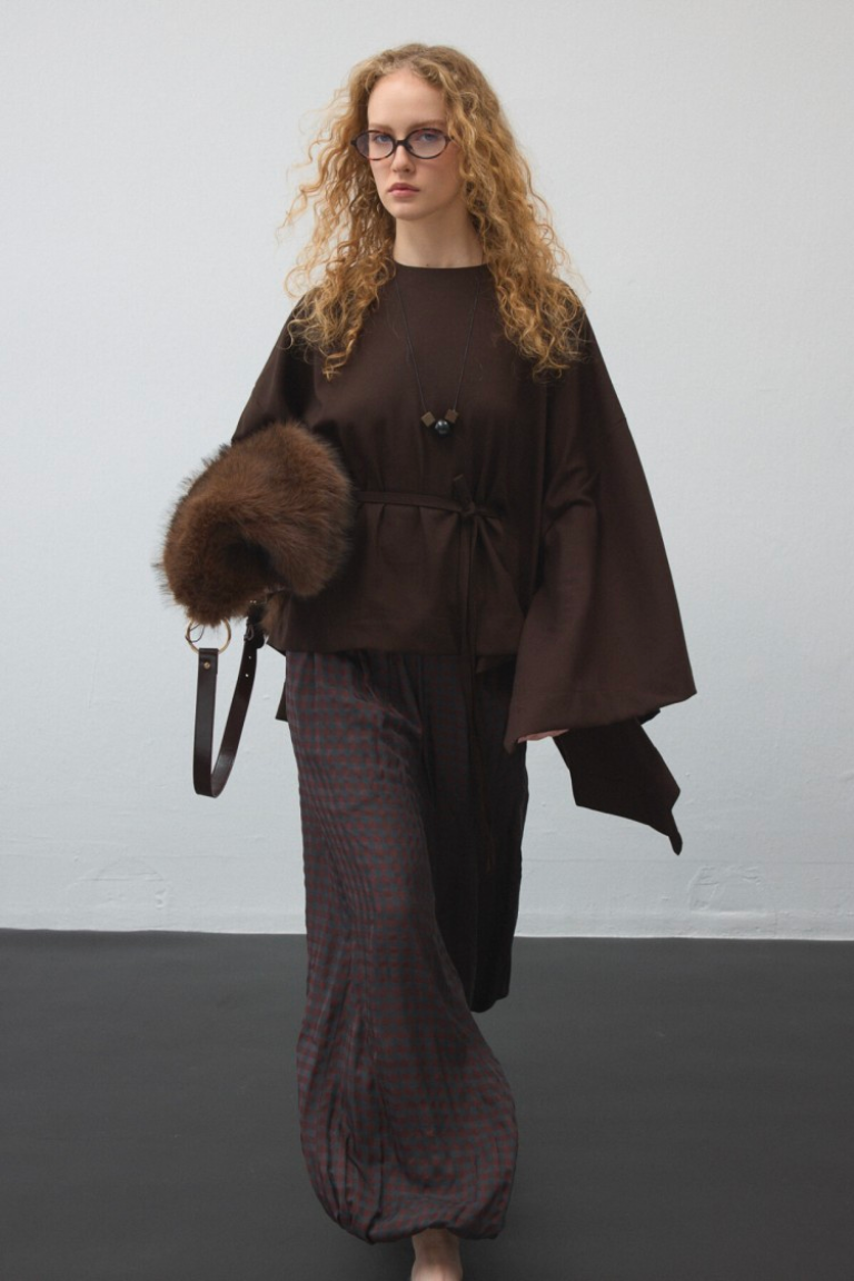 Brown Belted Cape Blouse