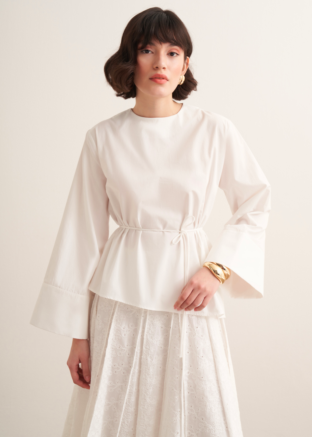 Anna Asymmetric Tie-Waist Poplin Blouse – White