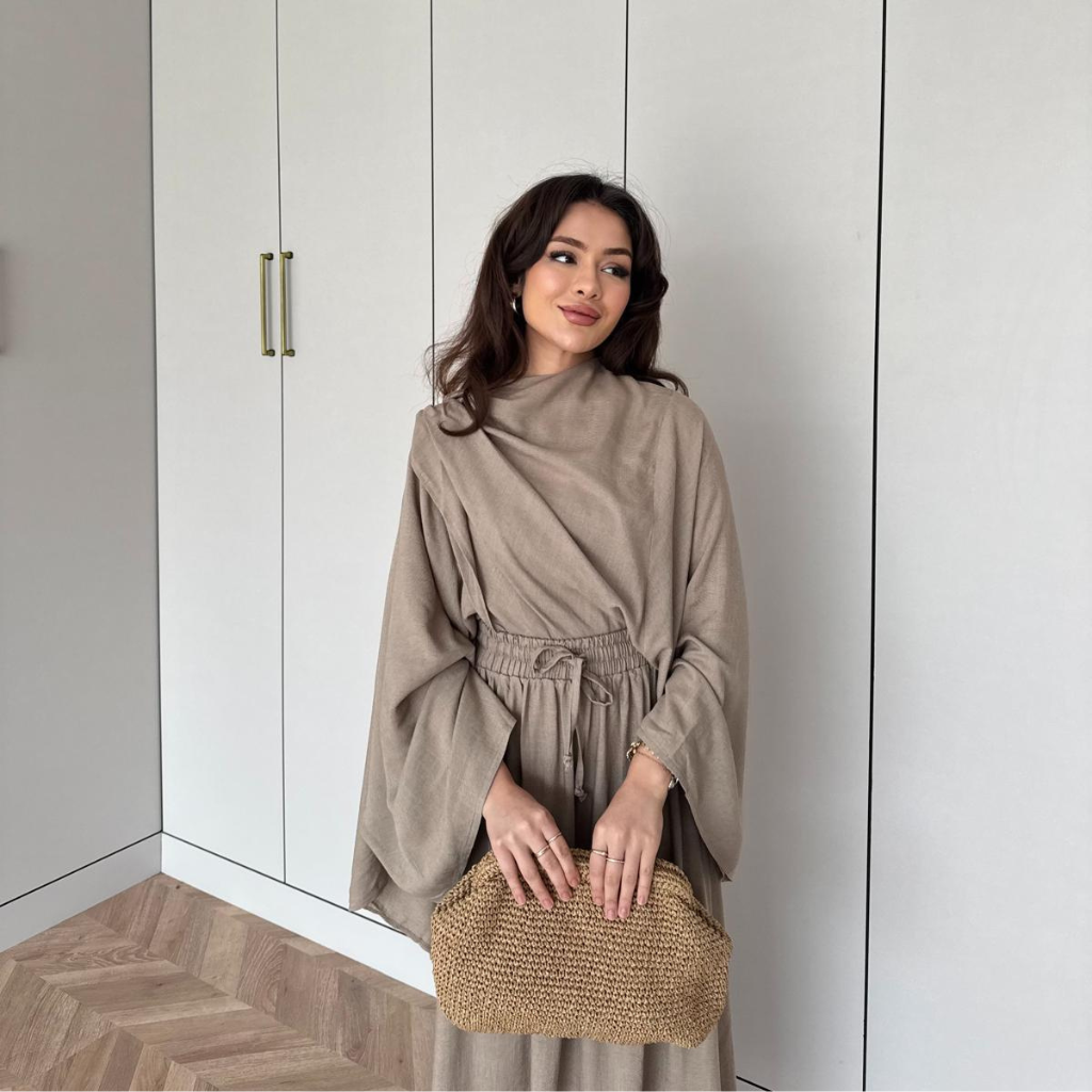 Draped Linen Scarf Detail Skirt Co-ord Beige