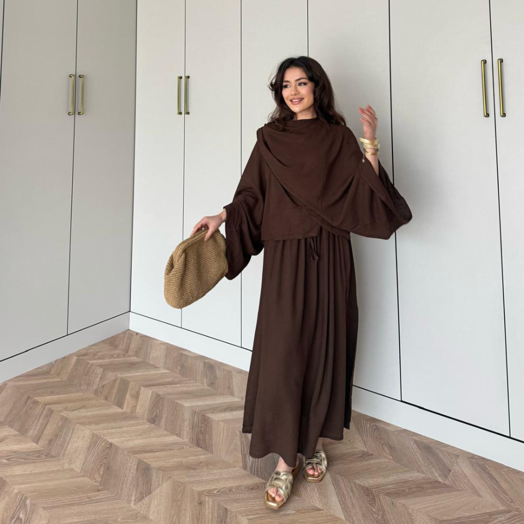 Draped Linen Scarf Detail Skirt Co-ord Brown