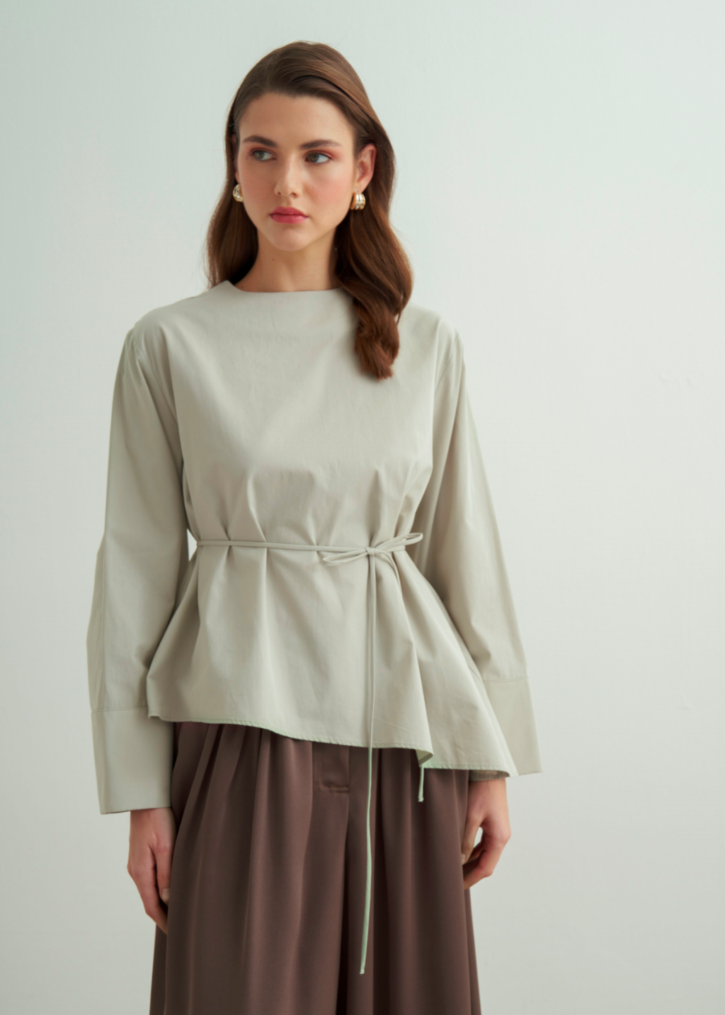 Anna Asymmetric Tie-Waist Poplin Blouse – Sage