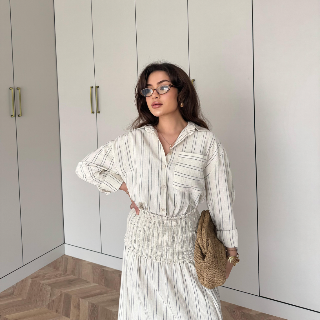 Striped Linen elastic waist skirt co-ord