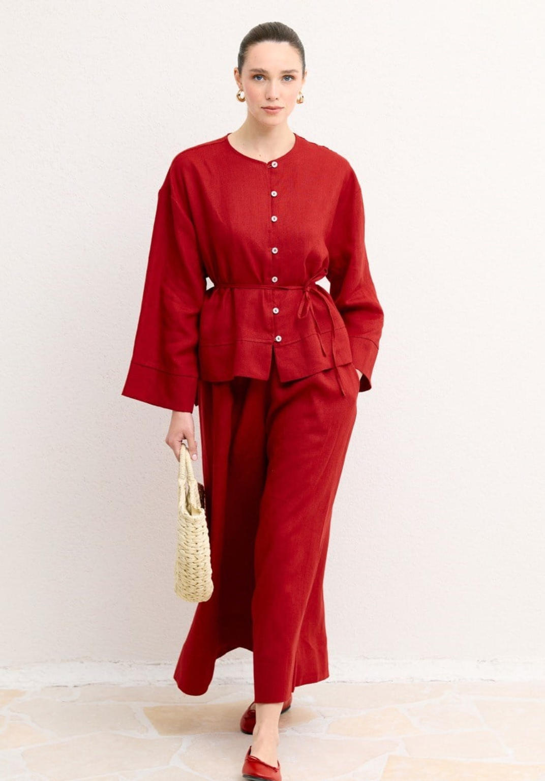 Hala Button Detail Organic Linen Shirt – Red