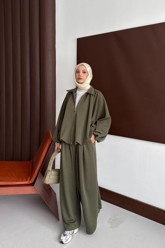 Oversized Modal Zipper Track Suit Set Khaki