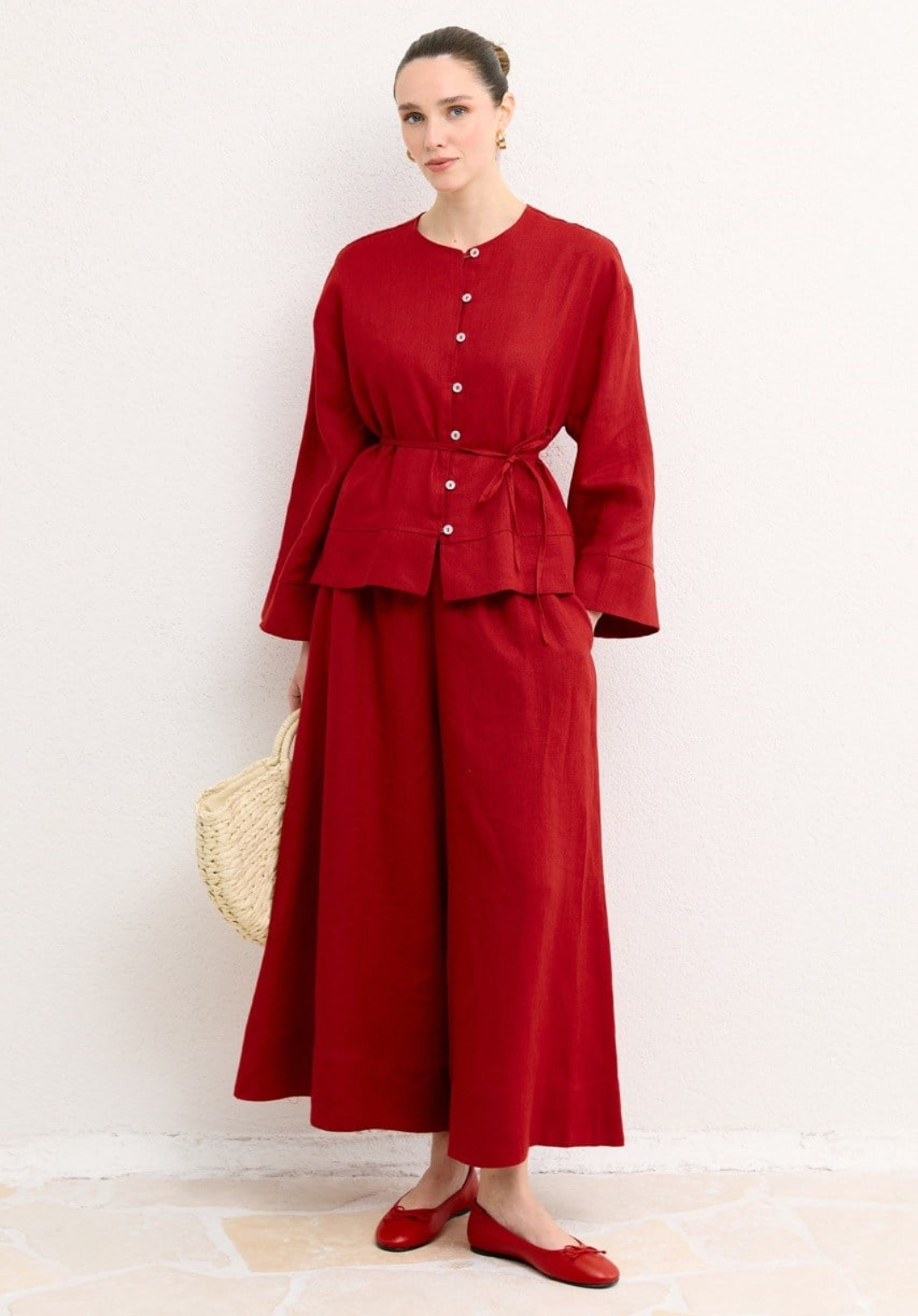 Hala Button Detail Organic Linen Shirt – Red