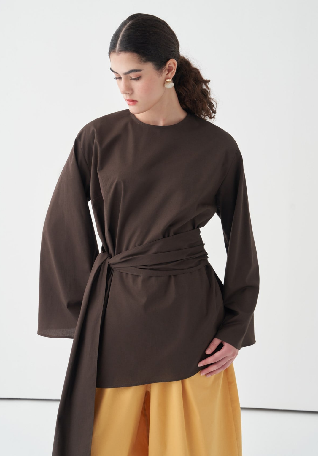 Farha Belted Poplin Blouse Dark Brown