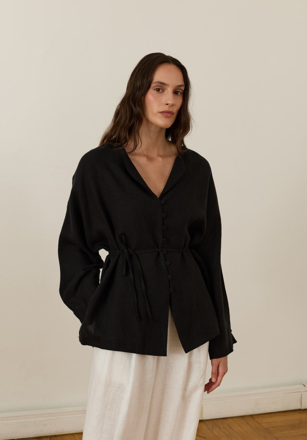 Bella Belted Linen Shirt Black