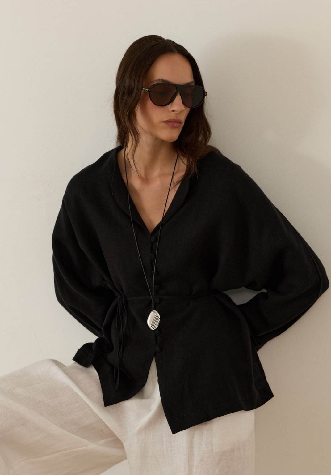 Bella Belted Linen Shirt Black