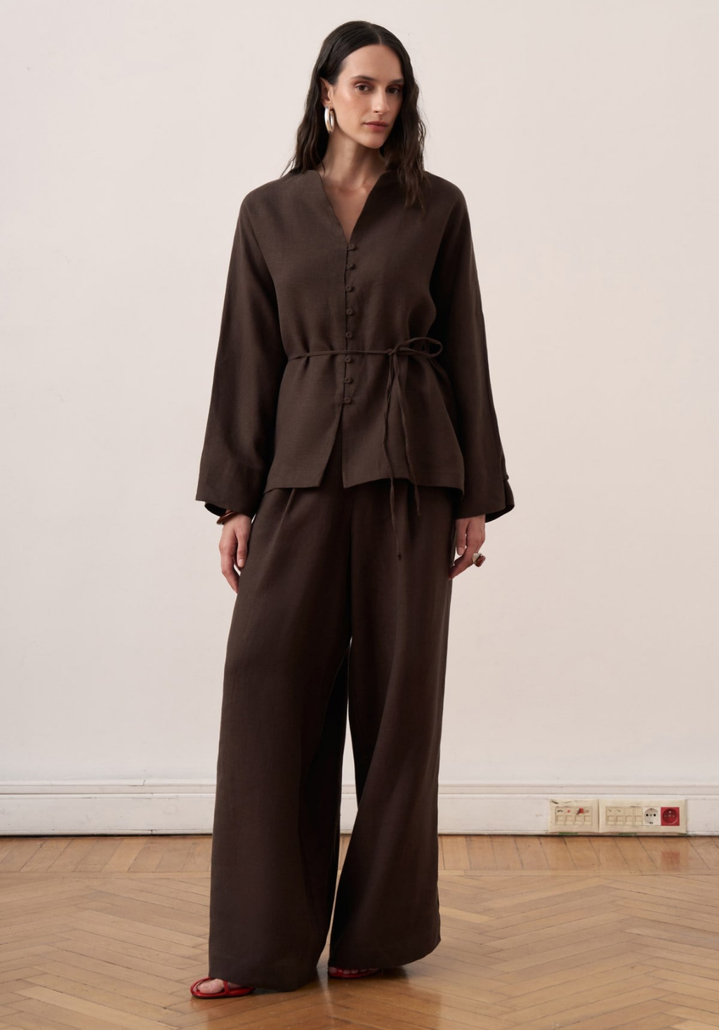 Bella Belted Linen Shirt Brown