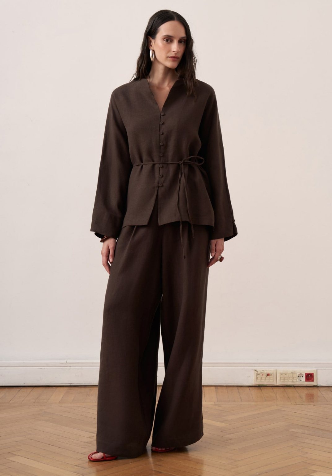 Bella Belted Linen Shirt Brown