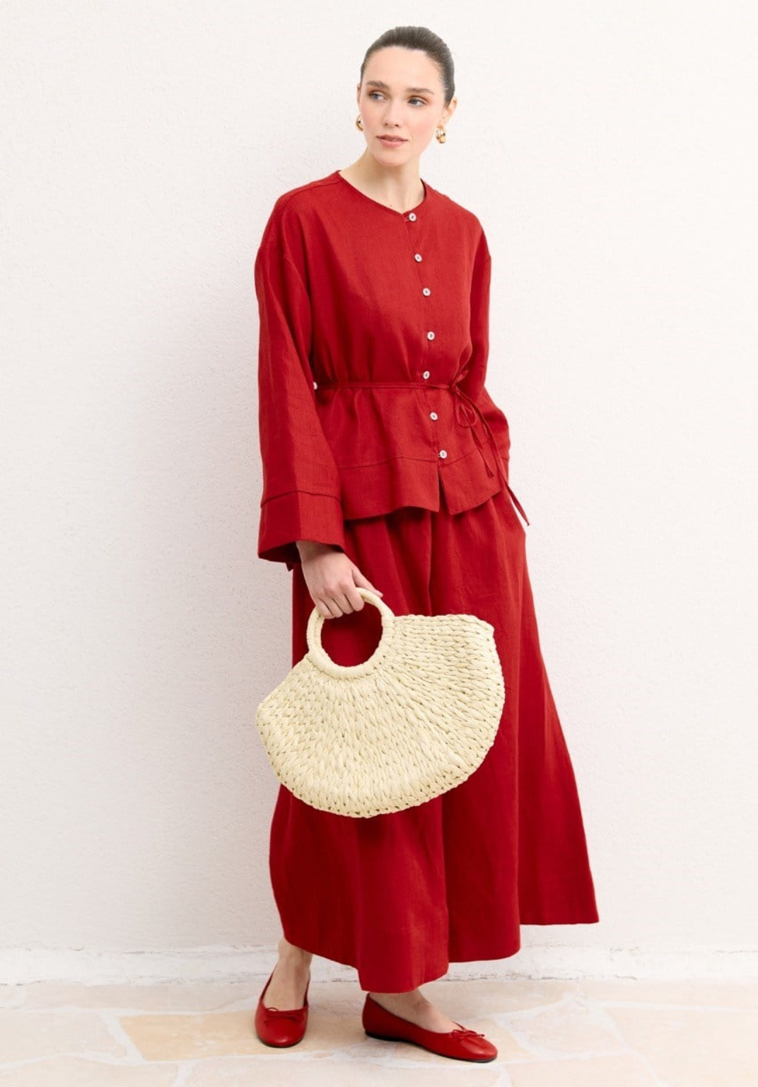 Hala Button Detail Organic Linen Shirt – Red