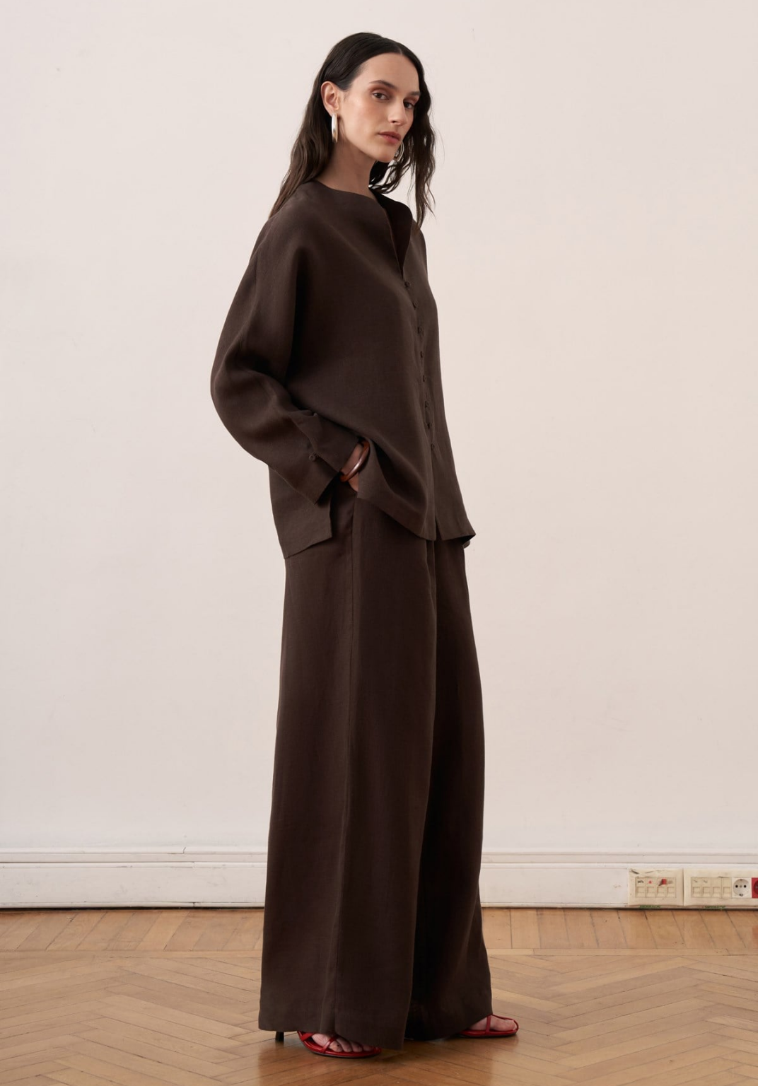 Bella Belted Linen Shirt Brown
