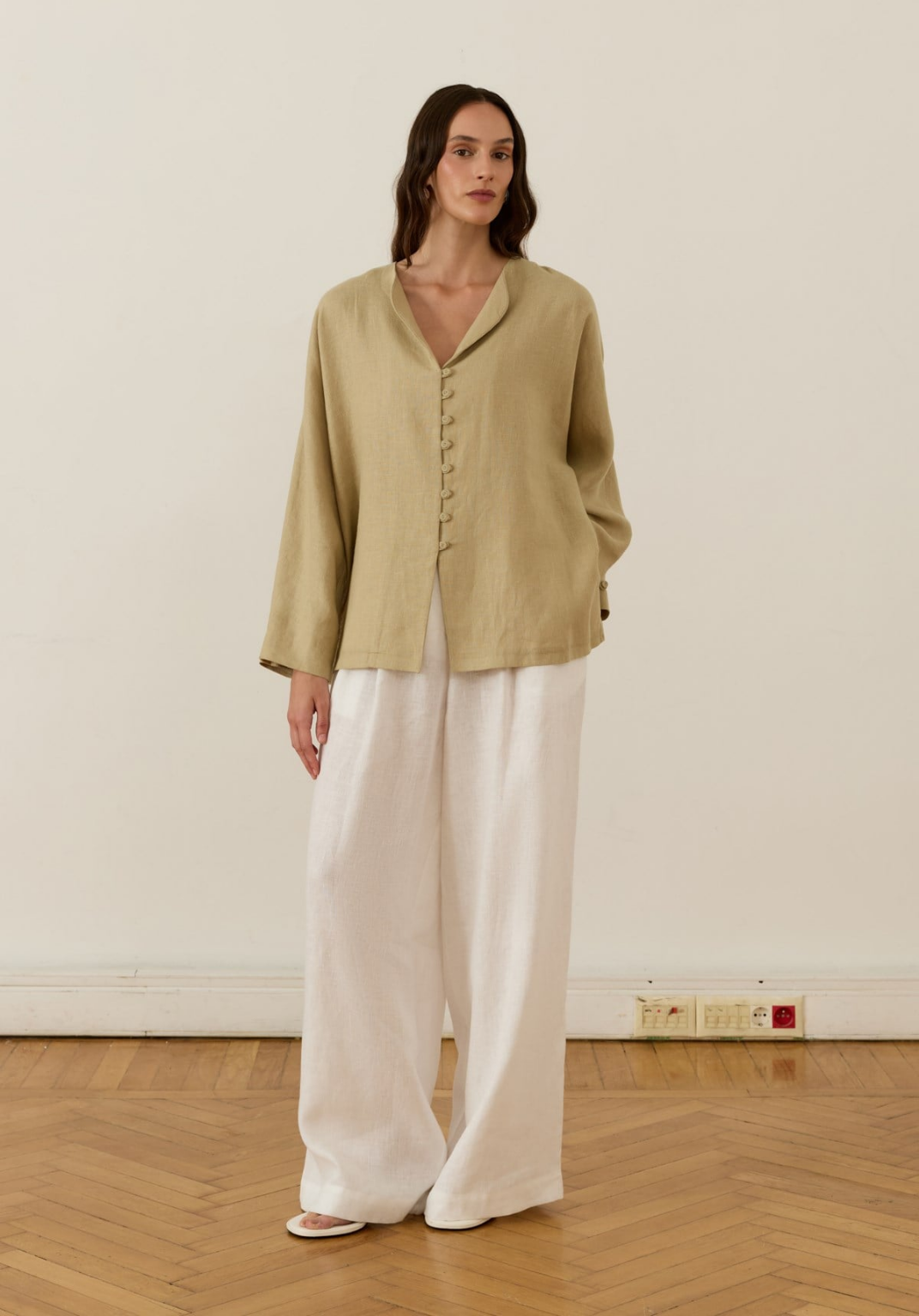 Bella Belted Linen Shirt Sage Green