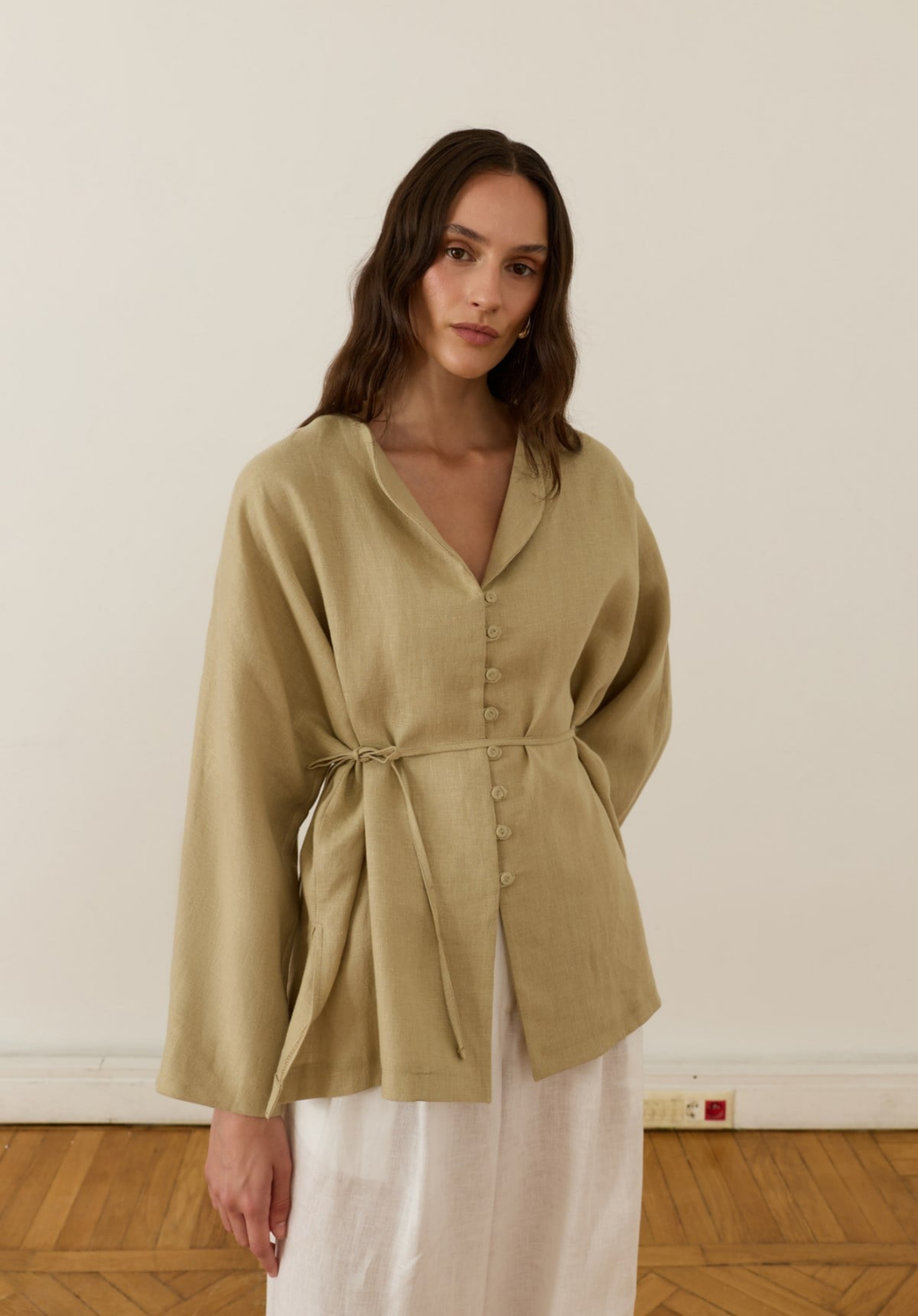 Bella Belted Linen Shirt Sage Green