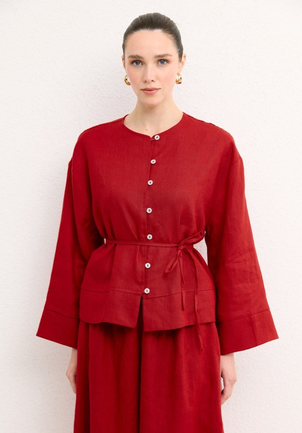 Hala Button Detail Organic Linen Shirt – Red