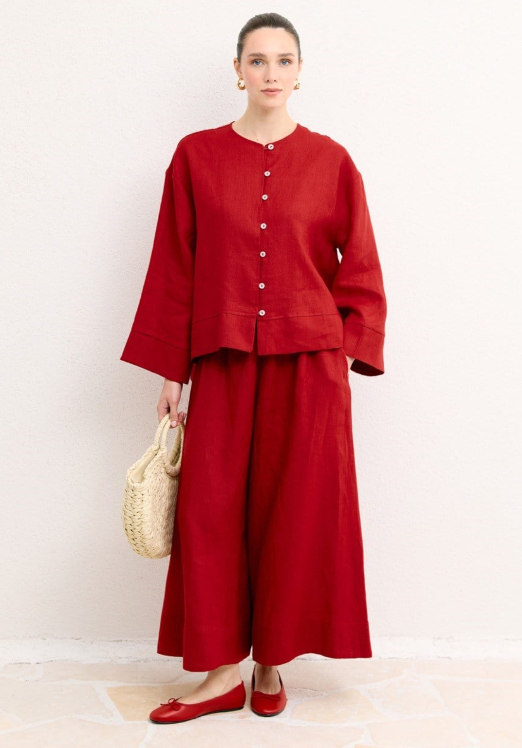 Hala Button Detail Organic Linen Shirt – Red
