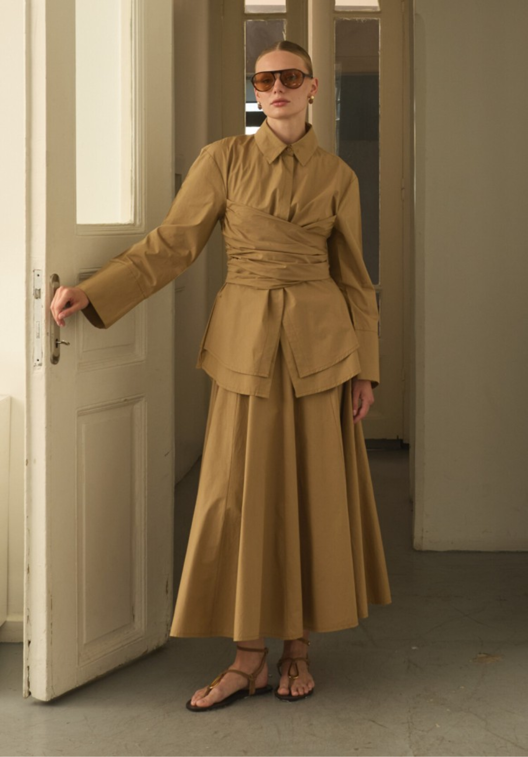 Camel Waist-Tie Poplin Shirt