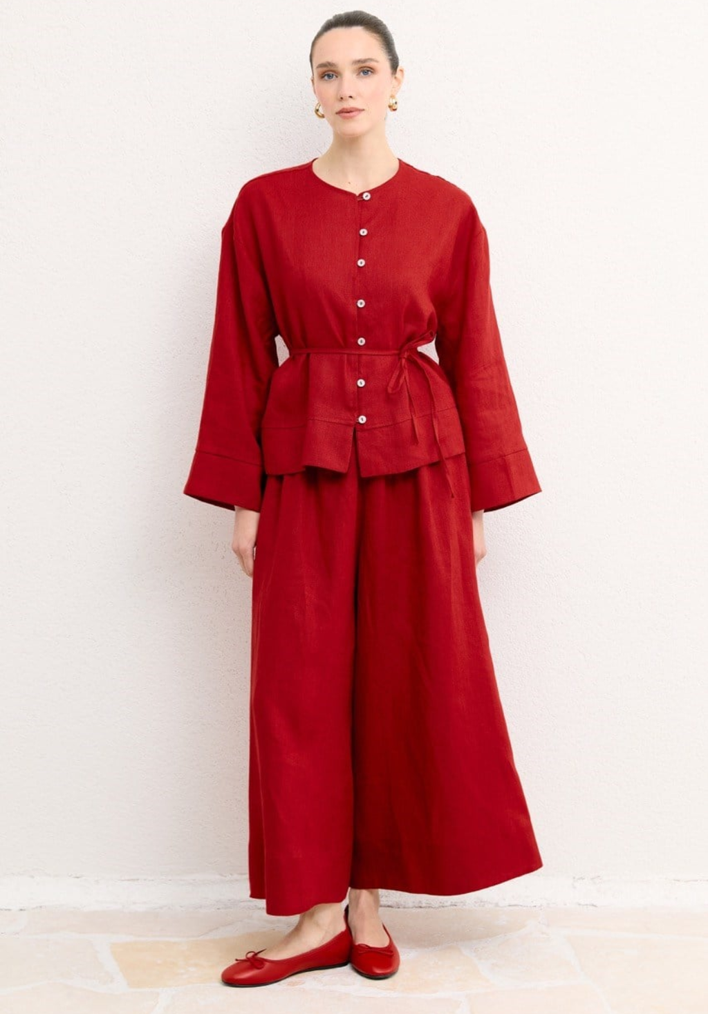 Hala Button Detail Organic Linen Shirt – Red