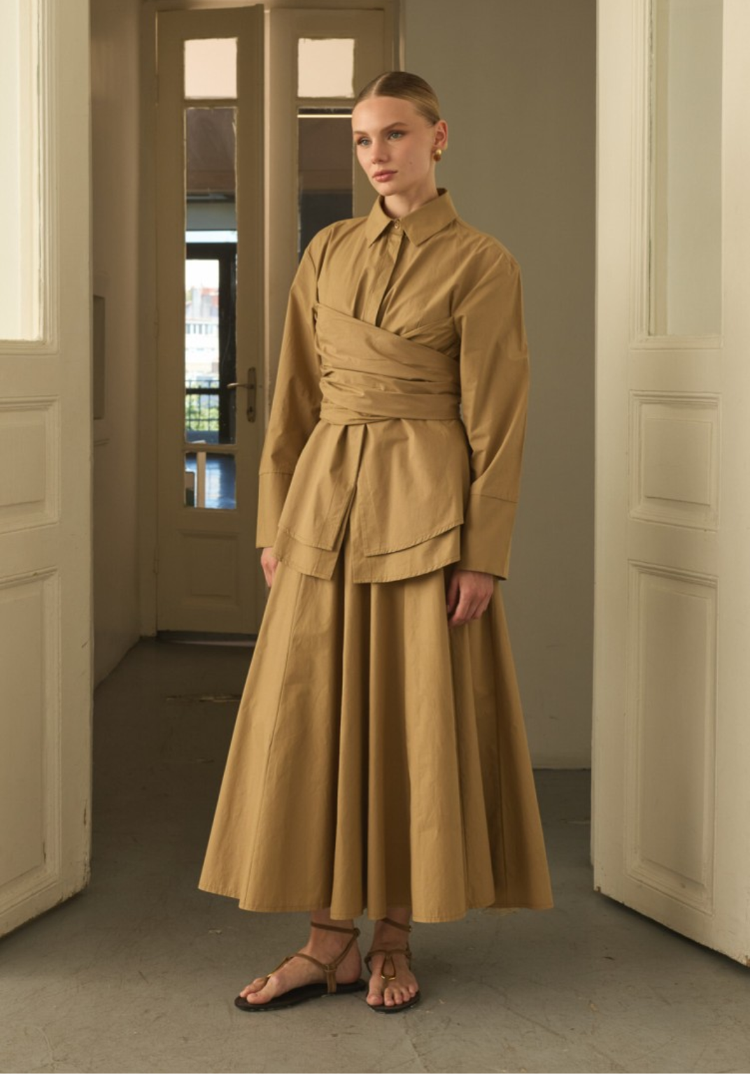 Camel Waist-Tie Poplin Shirt