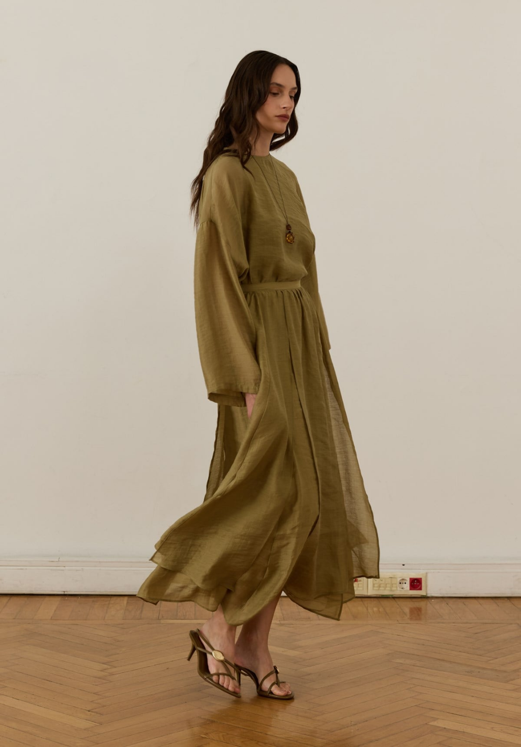 Galia Asymmetric Panel Skirt Set Olive
