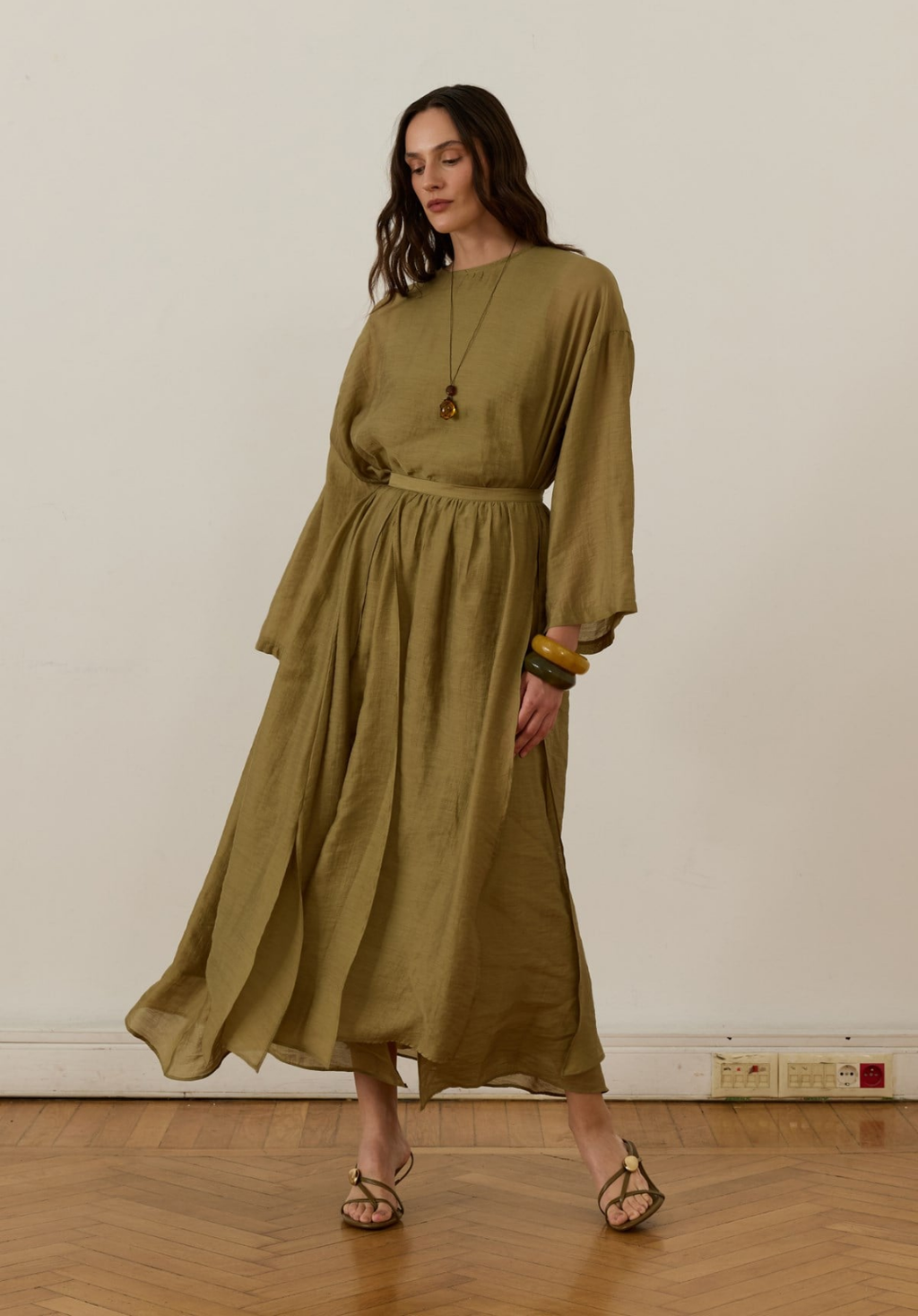 Galia Asymmetric Panel Skirt Set Olive