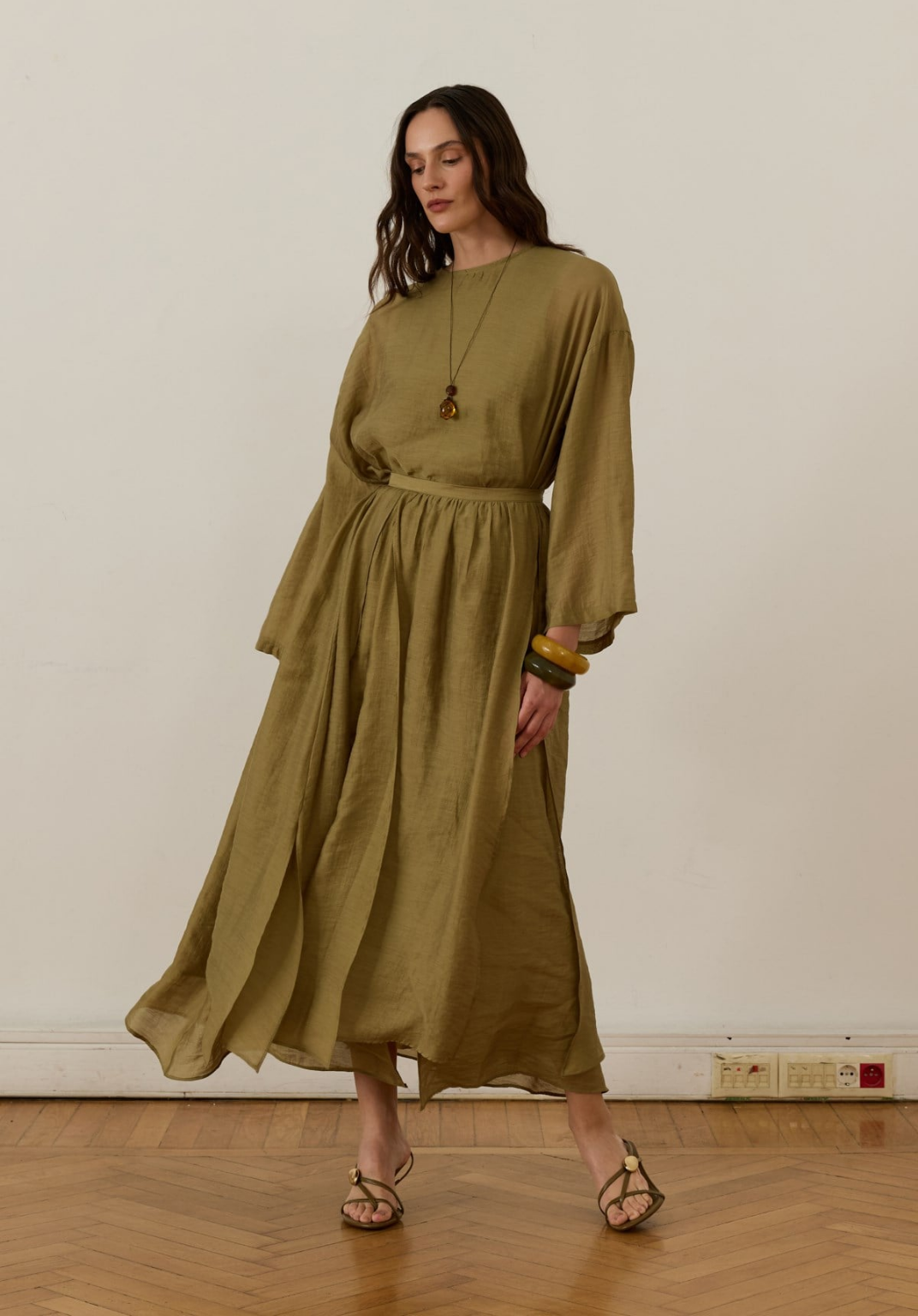 Galia Asymmetric Panel Skirt Set Olive