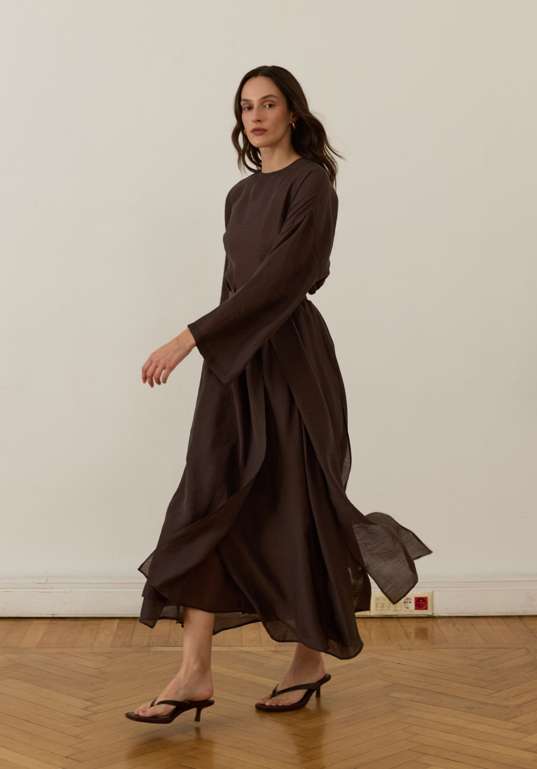 Galia Asymmetric Panel Skirt Set Brown