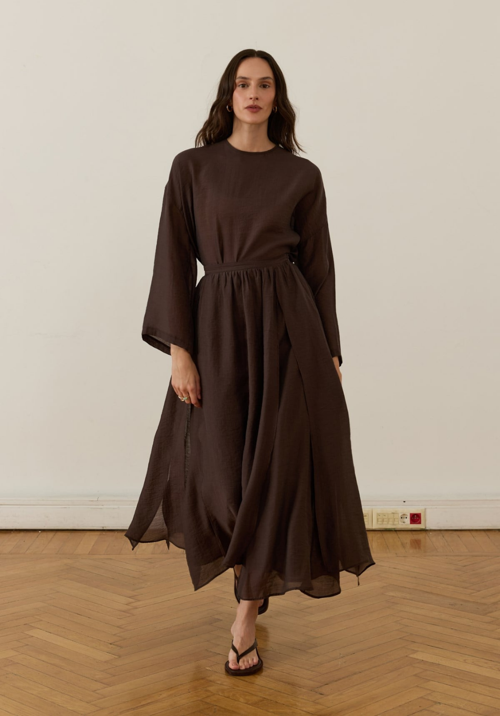 Galia Asymmetric Panel Skirt Set Brown