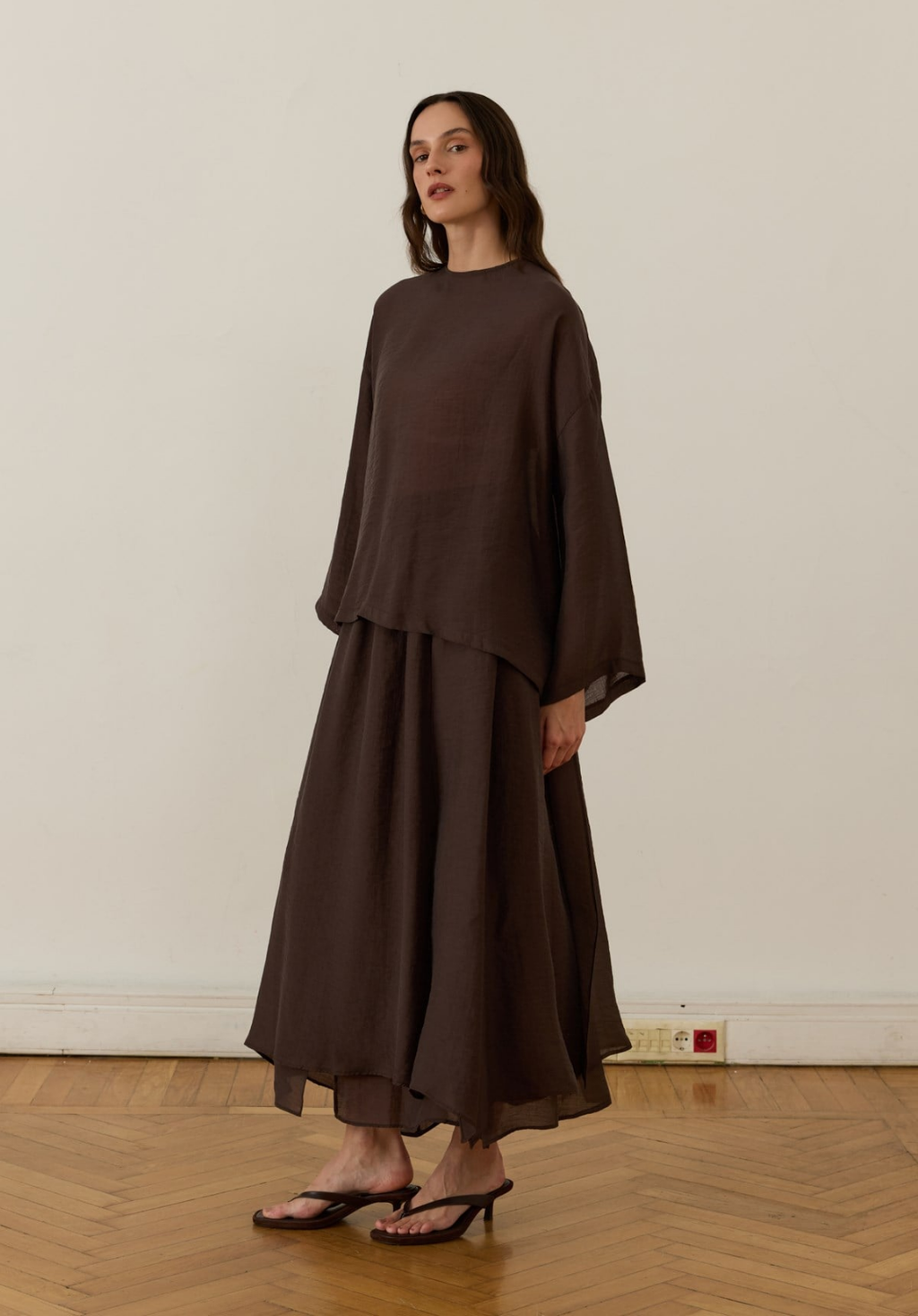 Galia Asymmetric Panel Skirt Set Brown