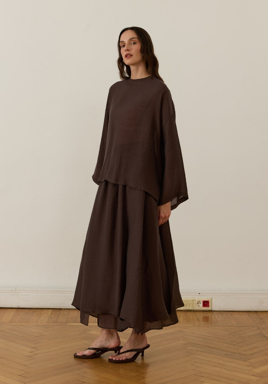 Galia Asymmetric Panel Skirt Set Brown