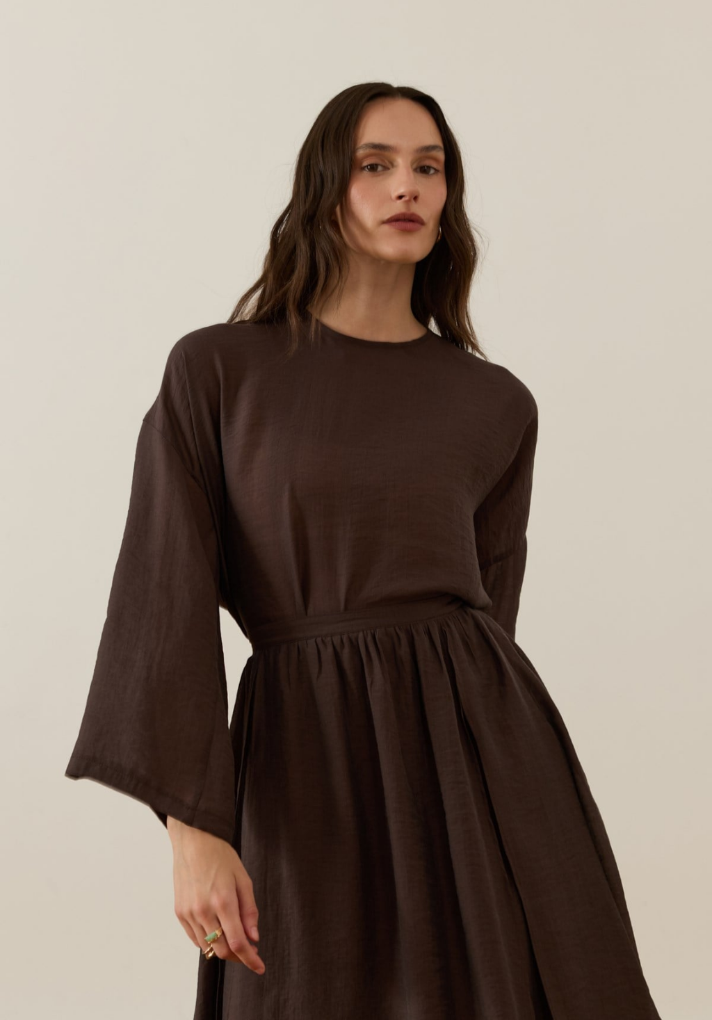 Galia Asymmetric Panel Skirt Set Brown