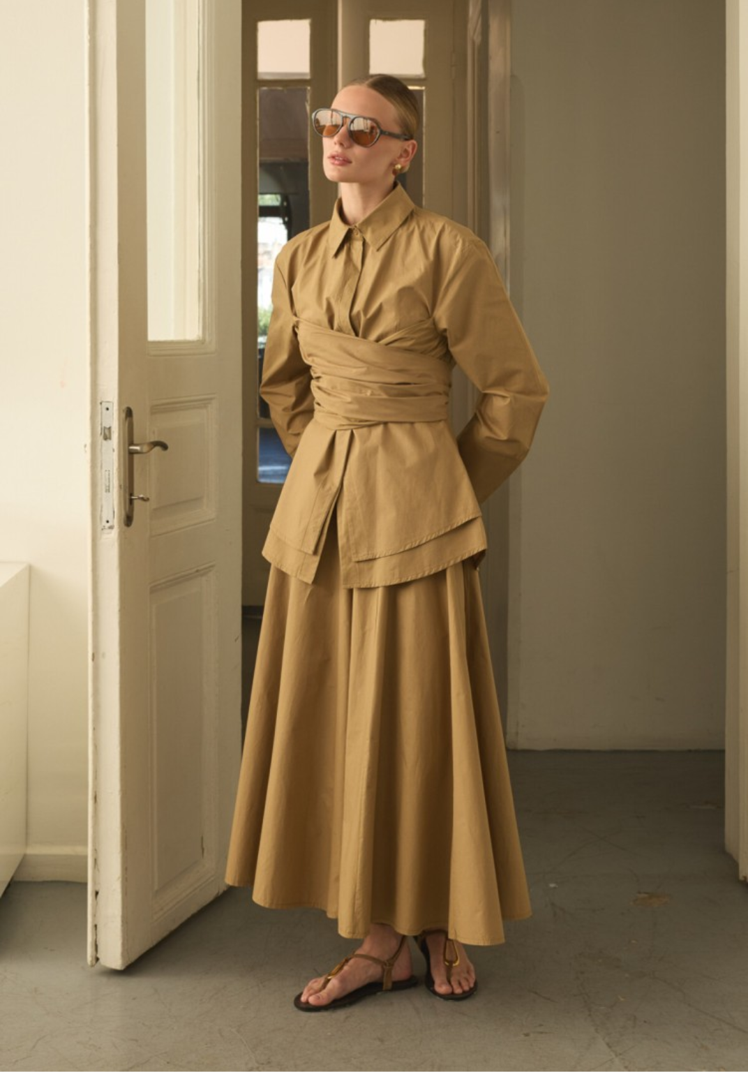 Camel Waist-Tie Poplin Shirt