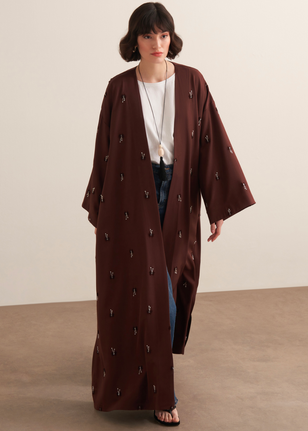 Beaded Maxi Kimono Abaya Brown