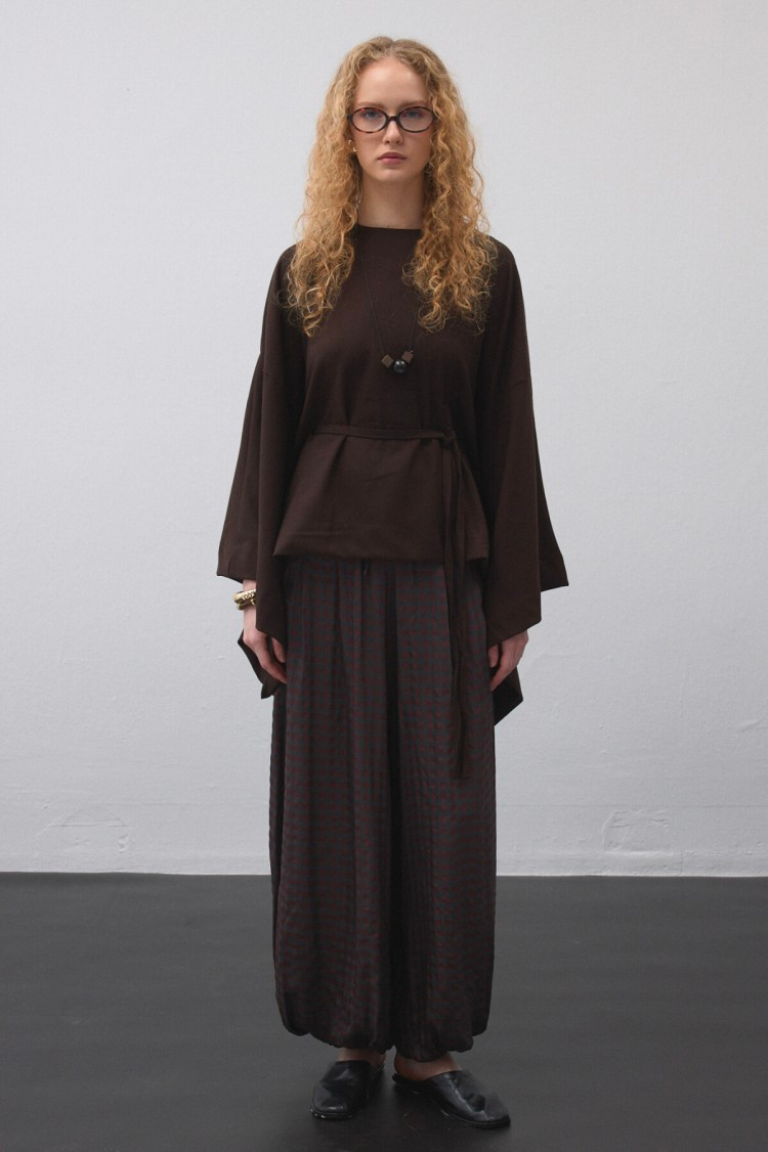 Brown Belted Cape Blouse