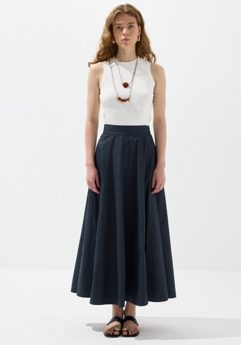 Navy Panelled Poplin Skirt