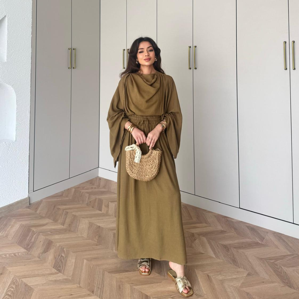 Draped Linen Scarf Detail Skirt Co-ord Olive Green