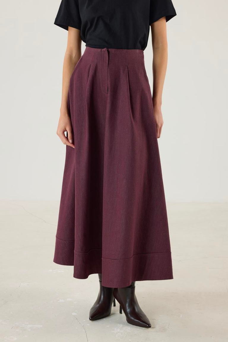 Denim Skirt with Flared Hem and Panel Detailing - Burgundy