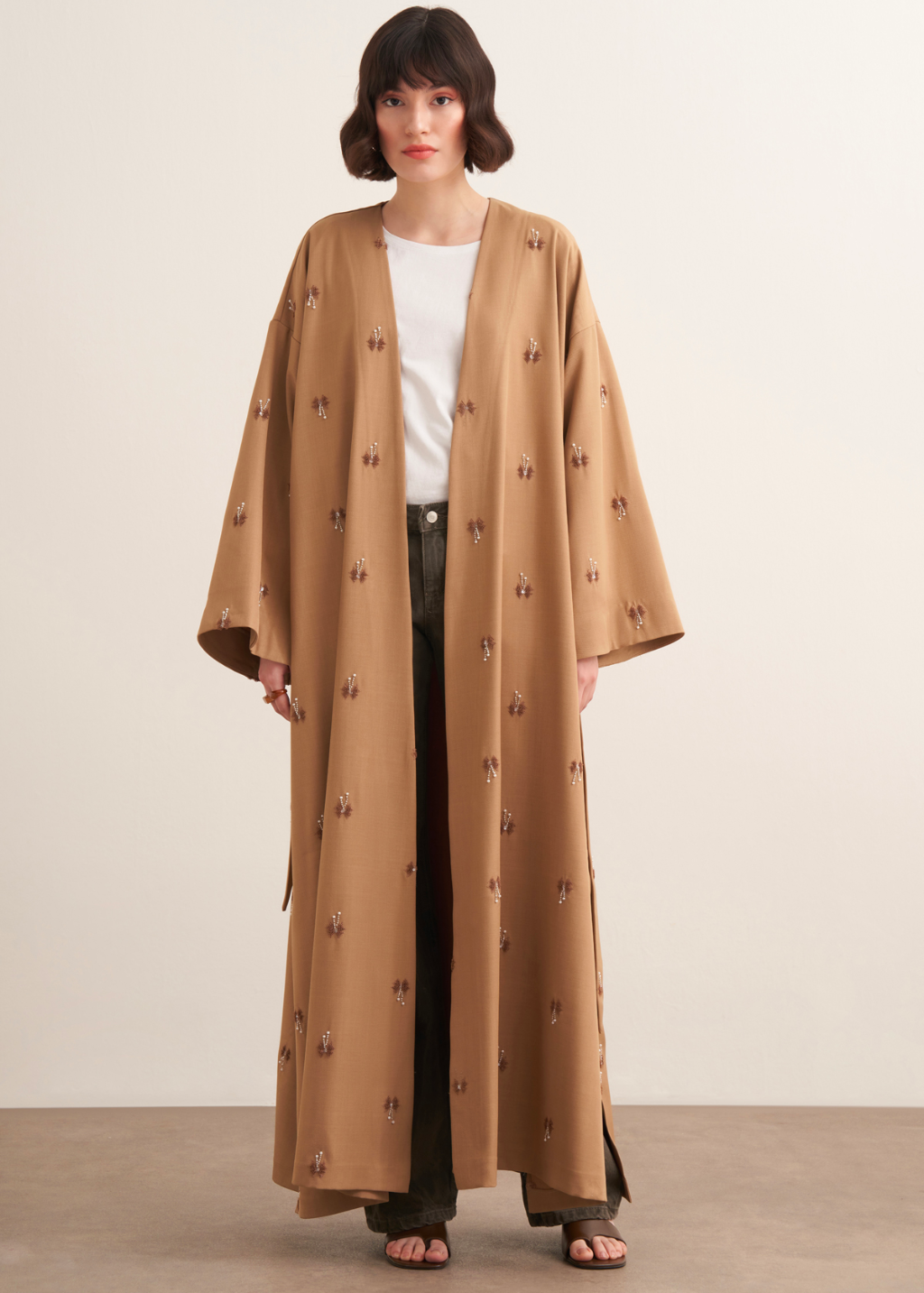 Beaded Maxi Kimono Abaya Beige